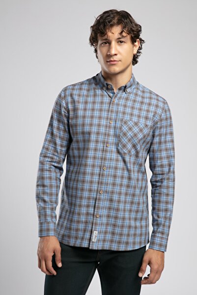 Lee Cooper Trevor 2 Erkek Dokuma Gömlek Mavi-Taba Kareli