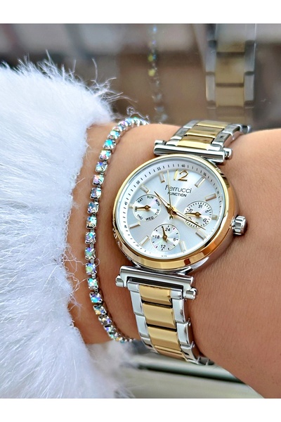 Ferrucci FUNCTION BEYAZ KADRANLI GOLD GÜMÜŞ KADIN METAL KOL SAATİ