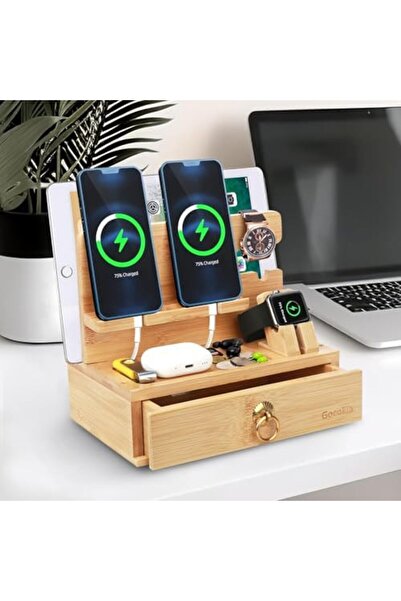 Generic Gocokia Multifunctional Bamboo Stands, Dual Cell Phone Holder, Tablet Storage Stand, Watch Storage H