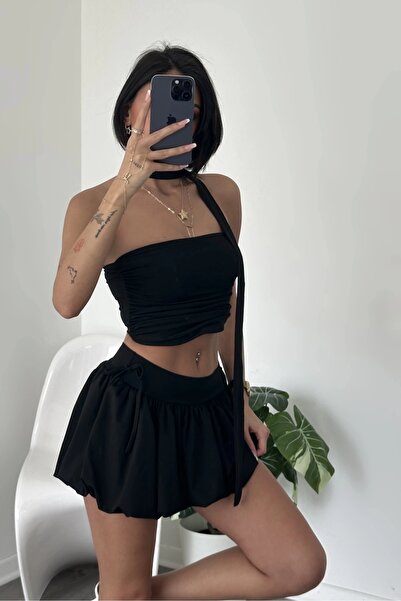 World Fashion Trends 7042 Black Balloon Skirt and Crop Set