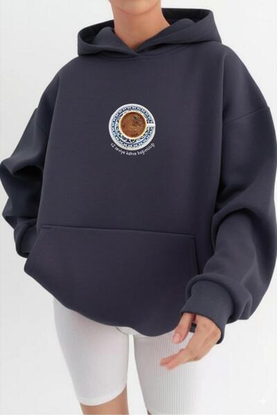 NO 601 Women's Anthracite 3-Thread Cotton Inside C2 Level Coffee Addiction Printed Hooded Sweatshirt