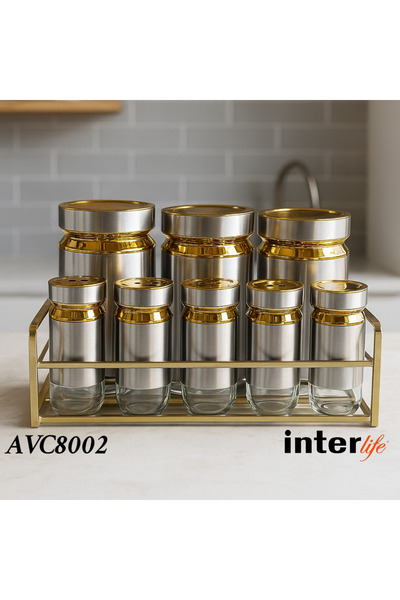 İnterlife 8-Piece Luxury Spice Set with Metal Stand Modern Kitchen Organizer ...