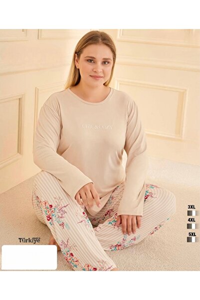 İpek Women's Long Sleeve Plus Size Crew Neck Pajama Set