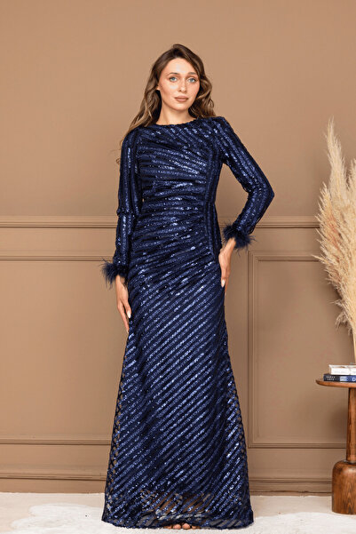 BEYBOS فستان سهرة محتشم من قماش الترتر اللامع - أزرق داكن