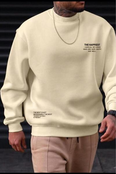 NO 601 Men's Beige the Happiest Printed Crew Neck Sweatshirt