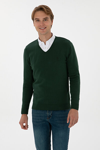 U.S. Polo Assn. Men's Slim Fit V-Neck Dark Green Basic Sweater 50307745-Vr079