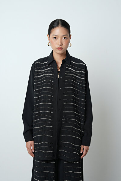 Orfeo Negro Women's Horizontal Stripe Stone Embroidered Solid Color Oversize Shirt