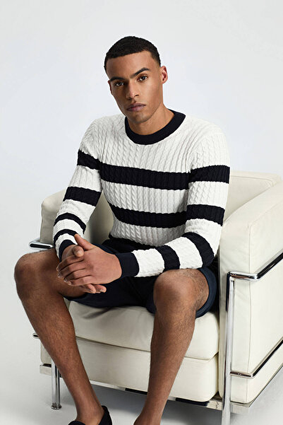 Hemington Saç Örgü Desen Lacivert Beyaz İnce Yazlık Triko