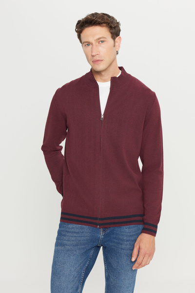 AC&Co / Altınyıldız Classics Men's Burgundy Cotton Zippered Mock Neck Knitwear Cardigan Jacket Standard Fit Regular Cut