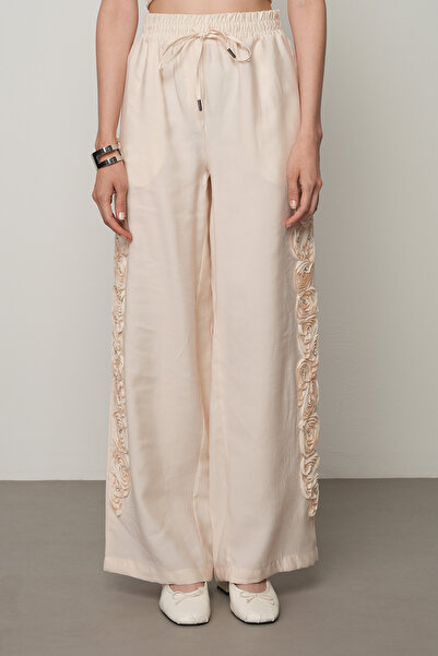 Orfeo Negro Women's Stripe Rose and Stone Detailed Solid Color Elastic Waist Wide Leg Trousers