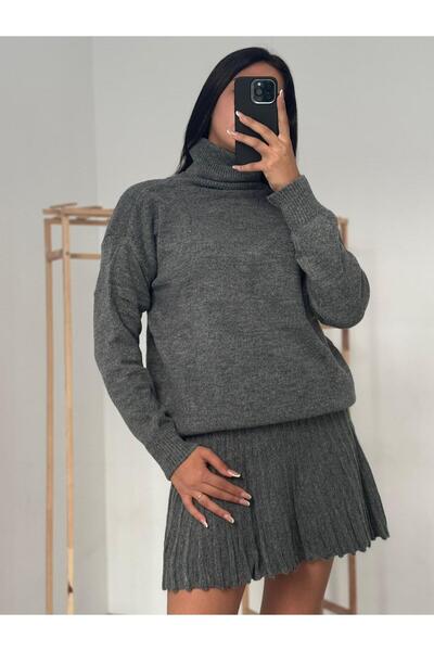 Mooi Butik Turtleneck Sweater - Pleated Skirt RORY Set 2585 - Anthracite