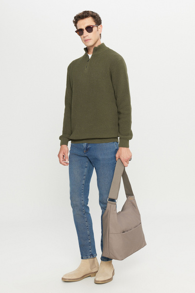 AC&Co / Altınyıldız Classics Men's Khaki Cotton Standard Fit Regular Cut Bato Collar Jacquard Knitwear Sweater