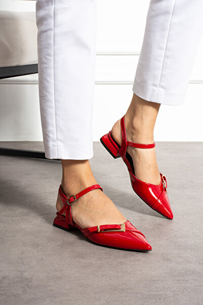 Güllü Shoes Red Patent Leather Ankle Strap Gold Buckle Pointed Toe Low Heel Women's Ballerina Shoes