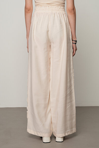 Orfeo Negro Women's Stripe Rose and Stone Detailed Solid Color Elastic Waist Wide Leg Trousers