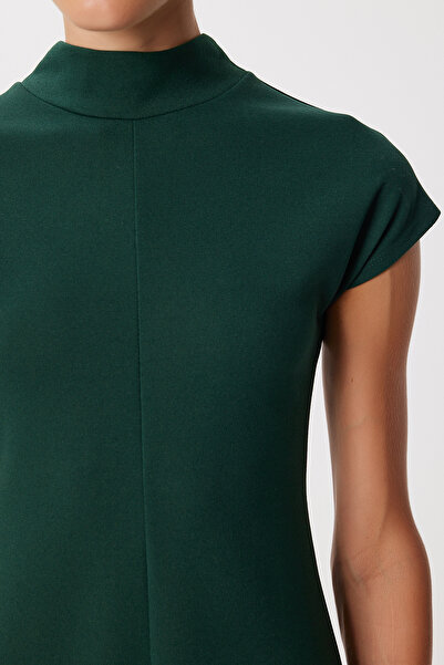 Lovelyİstanbul Dik Yaka Kloş Midi Örme Elbise LUB0223 ZÜMRÜT YEŞİLİ