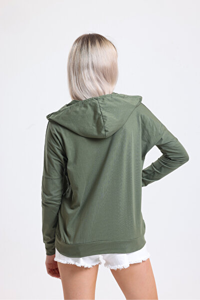 ladyzey γυναικείο μακρυμάνικο φούτερ με κουκούλα χακί και τσέπες καγκουρό