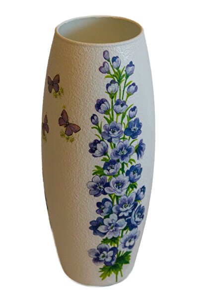Kumiko Art Vaza decorata cu flori albastre, 10x10x25 cm.