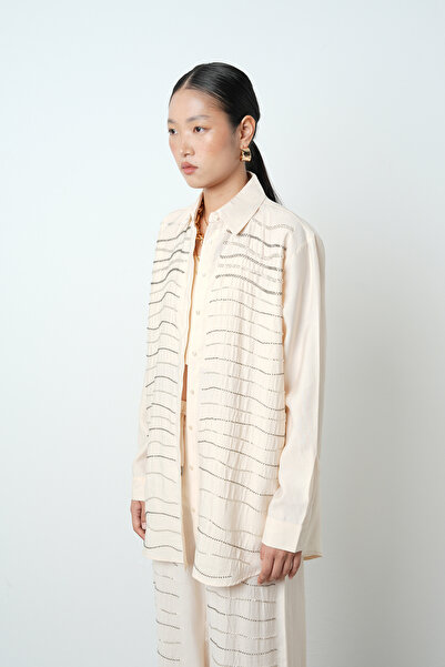 Orfeo Negro Women's Horizontal Stripe Stone Embroidered Solid Color Oversize Shirt