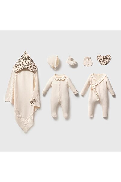 Magu Baby Girl Luxury Cotton Ecru-Leopard Patterned 8-Piece Hospital Discharge Set Boxed - Blanket, 2 Rompers, Sha