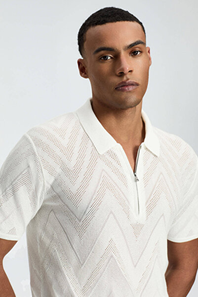 Hemington Zigzag Desen Beyaz Giza Pamuk Triko Polo