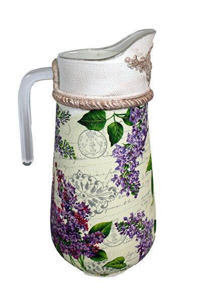 Kumiko Art Glass carafe decorated with lilac flowers, 13x11x 26.5 cm.