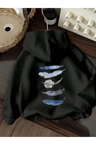 FUFLUNS سويت شيرت بقلنسوة كبير الحجم مطبوع عليه ريشة زرقاء للجنسين (نسائي/رجالي)