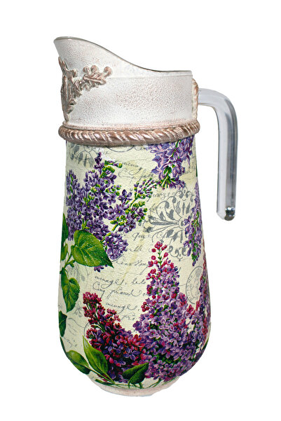 Kumiko Art Glass carafe decorated with lilac flowers, 13x11x 26.5 cm.