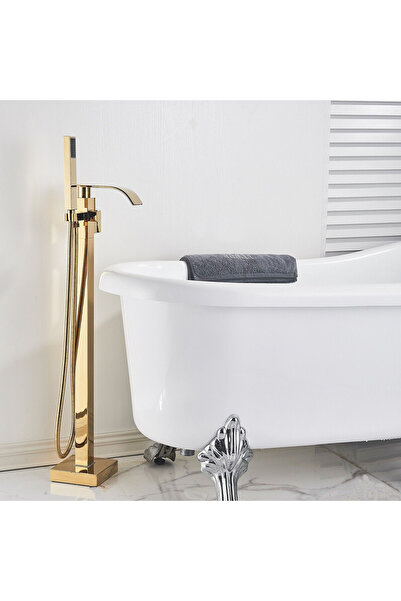 BisDesign ® Μπαταρία Μπάνιου, Επιδαπέδια, Ελεύθερη, Τετράγωνη, Γυαλιστερό Χρυσό, Στόμιο Καταρράκτη, 98 cm