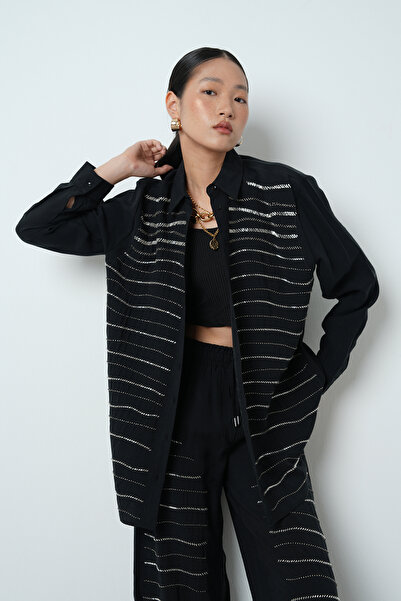 Orfeo Negro Women's Horizontal Stripe Stone Embroidered Solid Color Oversize Shirt