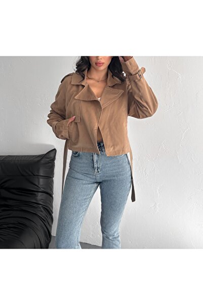 ladyzey kadın taba renk kuşaklı yandan cepli kısa trençkot