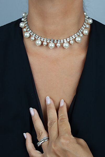 Pridza İnci Detaylı Taşlı Choker Kolye
