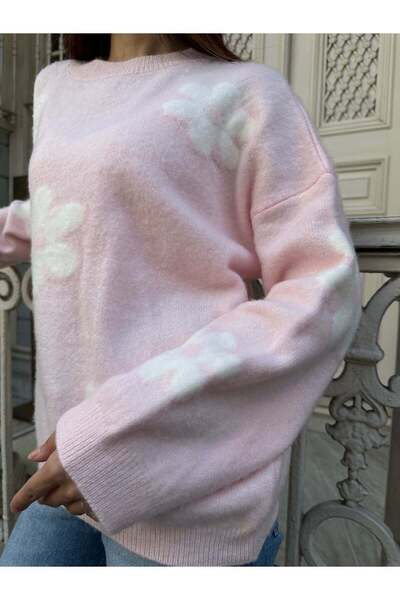 Hatun Atila Daisy Patterned Oversize Soft Textured Ribbed Knitwear Sweater 1150 - Pink