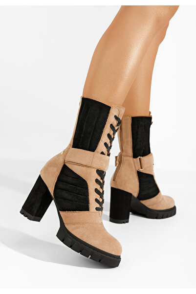 B T Shoes Khaki kozačky na podpatku Kallava