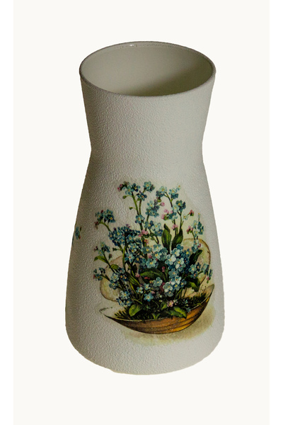 Kumiko Art Vase decorated with forget-me-not flowers, 10x10x20 cm.