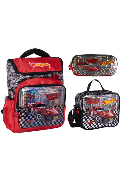 Famebag Hot-Wheels Elementary and Middle School Backpack Lunchbox and Pencil Case Set