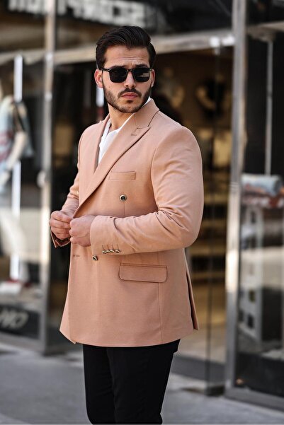 SABRİ ZENGİN Erkek Siyah Slim Fit Penye Kumaş Kruvaze Ceket