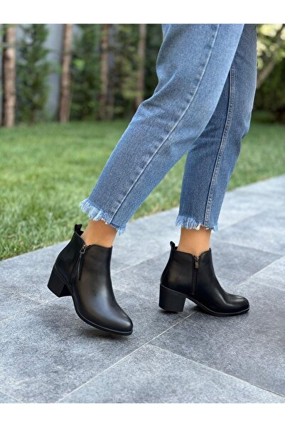 DİVA Μαύρα γυναικεία καθημερινά μποτάκια με τακούνι Δερμάτινο