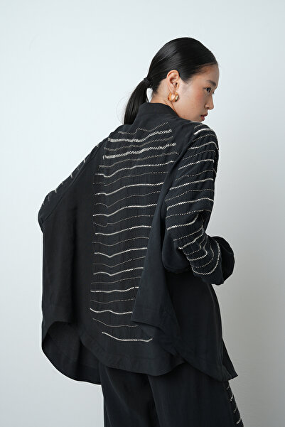 Orfeo Negro Women's Oversize Cut Kimono with Horizontal Stone Embroidery on the Back and Sleeves