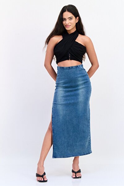 Don't Call Me Jennyfer Women Washed Denim Maxi Skirt, Blue