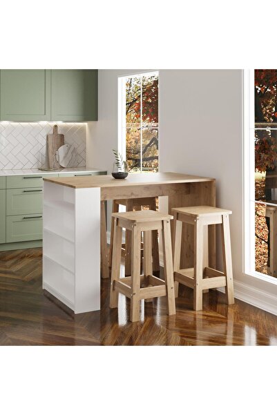 Bimossa Pablo G4912 4 Adet Sepet Tabureli Bar Masası Sepet Beyaz 4 Raflı Açık Depolamalı Çok Amaçlı Masa