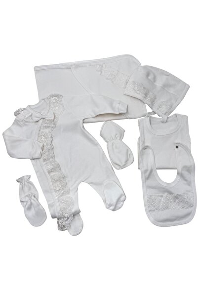 Baby day طقم مواليد دانتيل 6 قطع قطن أبيض مع بابيون أنيق