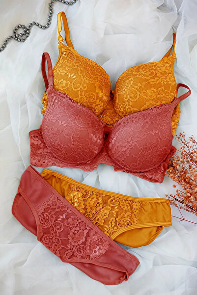 evolise Women's Mustard and Brick Color Padded Underwire Bra Panty 2-Pack - M...