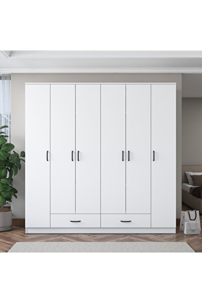 Rani Mobilya Rani BA134 Geniş Gardırop Elbise Dolabı 6 Kapaklı 2 Çekmeceli 14 Raflı 2 Askılı Beyaz