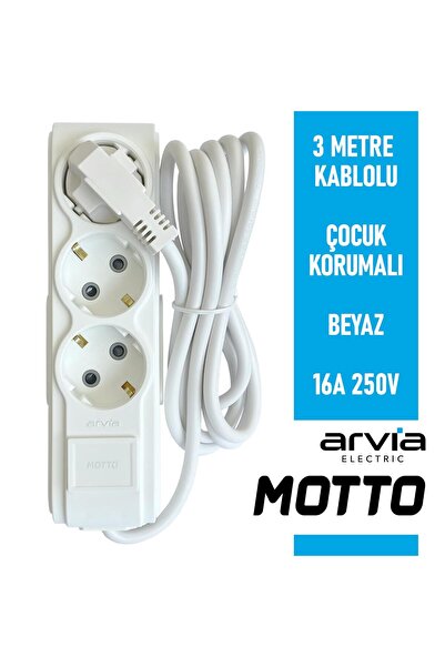 arvia Motto Üçlü Topraklı Grup Priz Çocuk Korumalı 3 Metre Kablolu 35 01 1003...