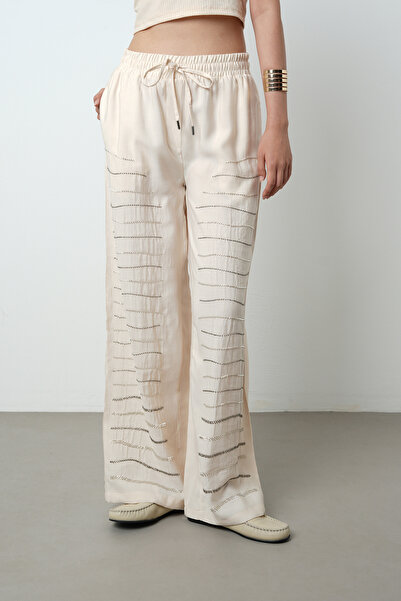 Orfeo Negro Women's Horizontal Stripe Stone Embroidered Solid Color Elastic Waist Wide Leg Pants