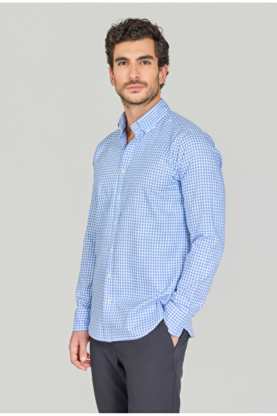 Bisse Regular Fit Paşa Yaka Cepsiz Mavi Erkek Gömlek