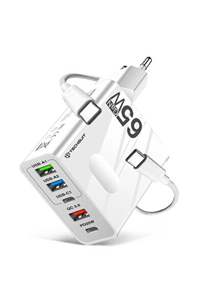 Techsuit Multiport Power Adapter, GaN, USB, Type-C, 65W, USB-C Cable - PentaXPower (CHC1) - White