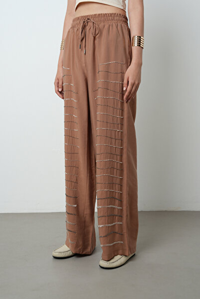 Orfeo Negro Γυναικείο παντελόνι με οριζόντιες ρίγες, κεντημένο με πέτρες, μονόχρωμο, ελαστικό στη μέση, φαρδύ στο κάτω μέρος