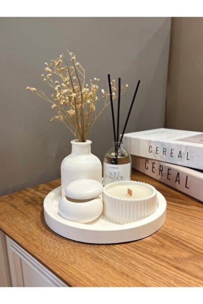 Elmessa Dekoratif 5li Set-Çizgili Vazo,Kapaklı Takı Kutusu,Oda Kokusu,Mum,Stant