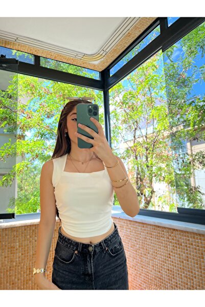 FOORS Bluză tricotaj cu striații Ecru pentru femei decolteu pătrat cu talie a...